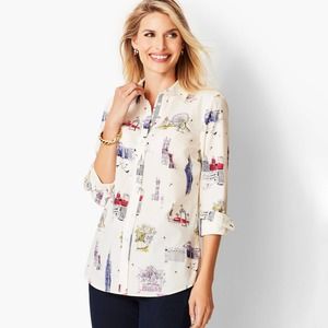 Talbots Classic Button Up Shirt Size M Ivory Red Blue City Scenes